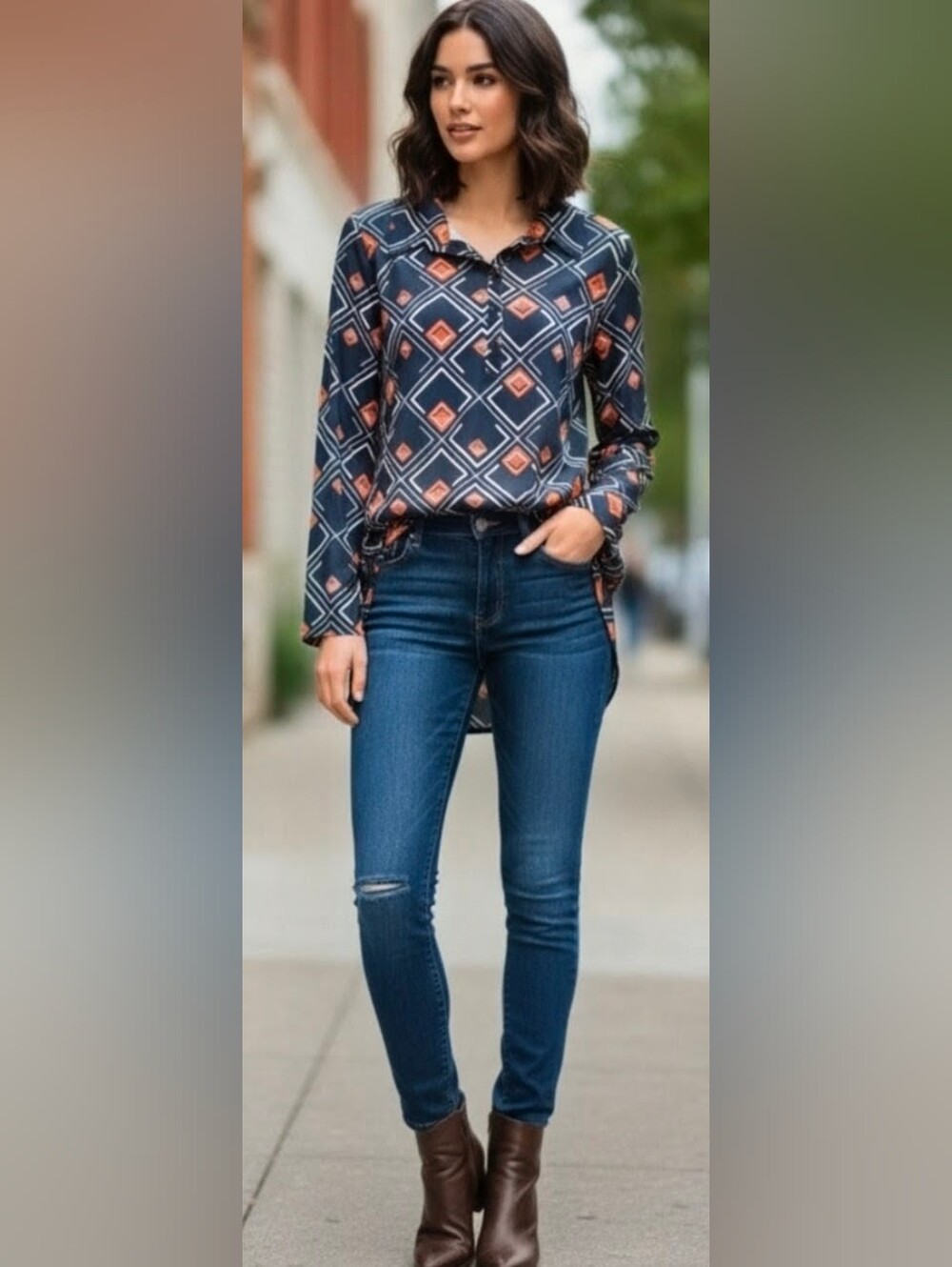 Zara Geometric Print Long Sleeve Tunic - Navy & Orange